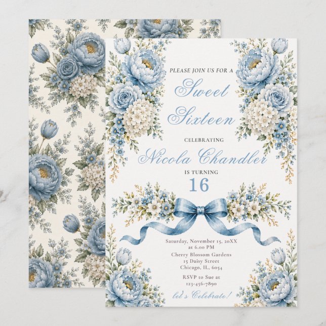 Invitation Douze ans de douceur bleu poussiéreux (Devant / Derrière)