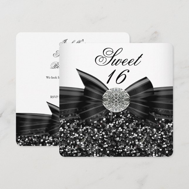 Invitation Douze ans de douceur Luxe Paillettes Nœud Argent N (Devant / Derrière)