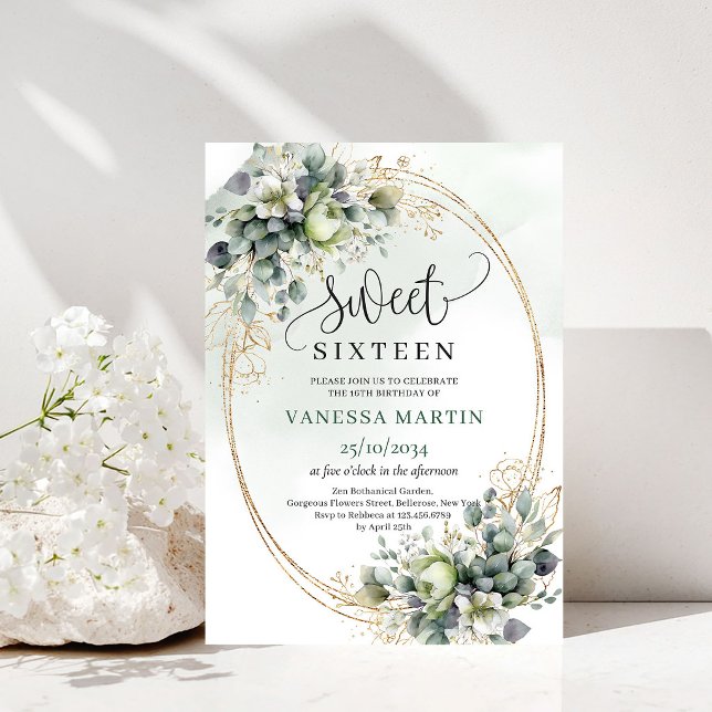 Invitation Douze Ans de Verdure Bohème en Vert Pou (Bohemian Greenery Sweet Sixteen Dusty Green Invite)