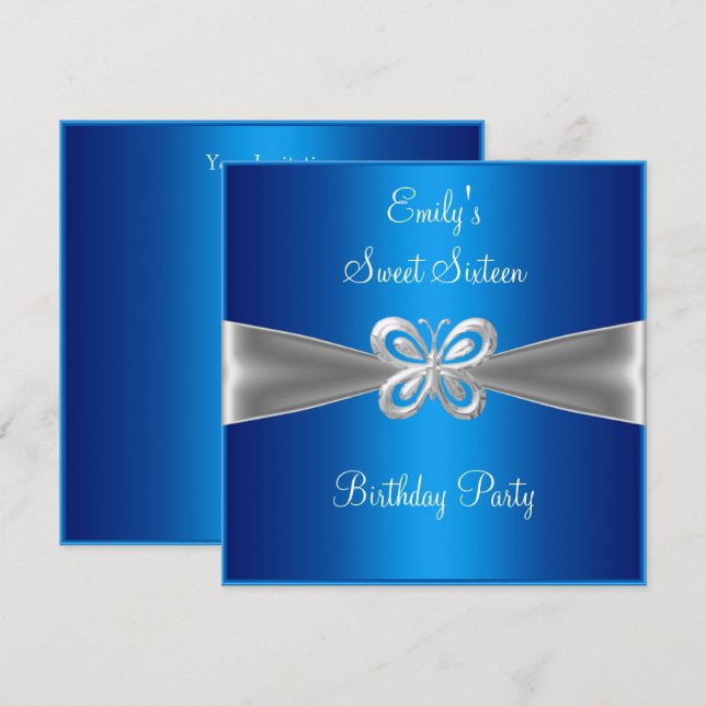 Invitation Douze ans douce 16 Bleu Papillon Bijou Argent 4 (Devant / Derrière)