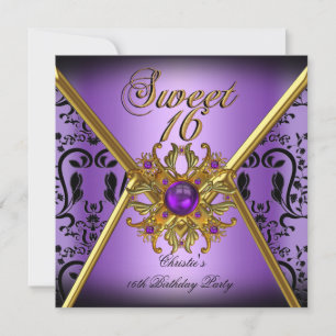Invitation Douze ans douce Damask Violet Or Noir