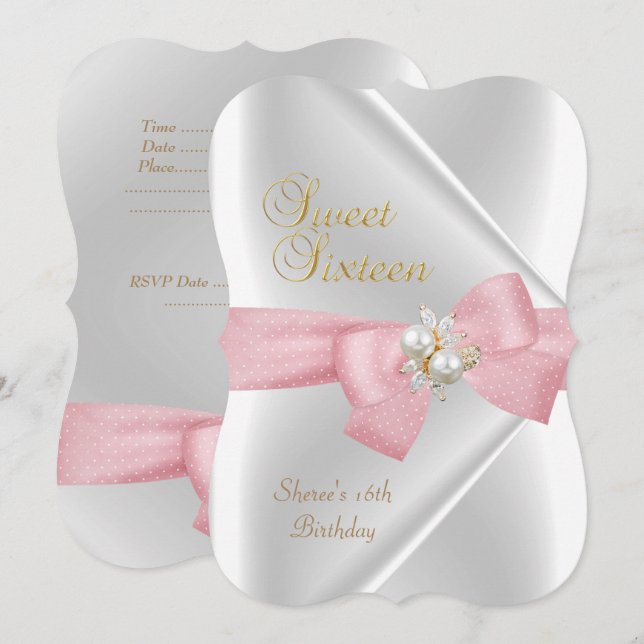 Invitation Douze ans douce perle blanche jewel rose ruban (Devant / Derrière)