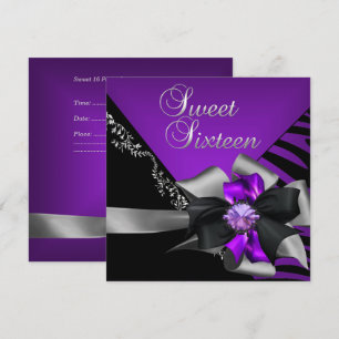 Invitation Douze ans douce seize ans Zèbre Violet Noir Argent