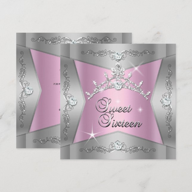 Invitation Douze ans douce Tiara rose argenté (Devant / Derrière)