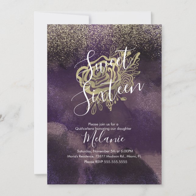 Invitation Douze Ans Faux Paillettes Rose Violet Or (Devant)