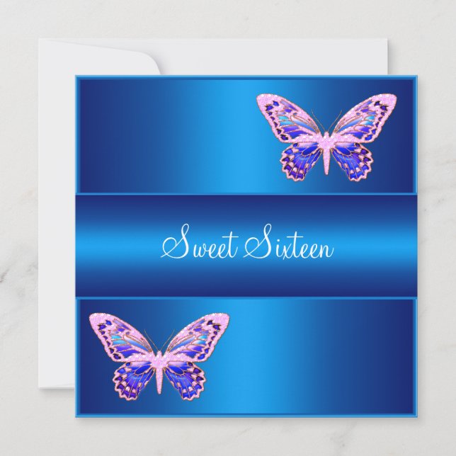 Invitation Douze ans Fête Papillon Bleu Violet Rose (Devant)