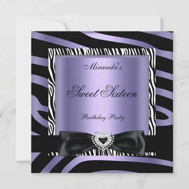 Invitation Douze ans fête Violette Blanche Zèbre Noir (Devant)