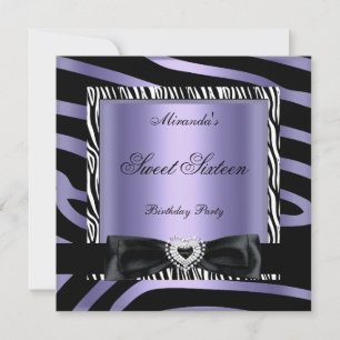 Invitation Douze ans fête Violette Blanche Zèbre Noir