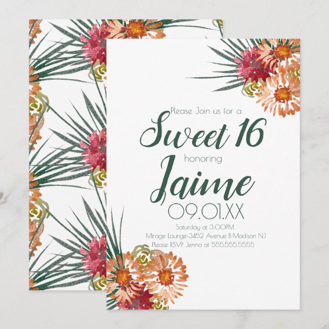 Invitation Douze Ans Fleur Aquarelle Pêche Vert (Devant / Derrière)