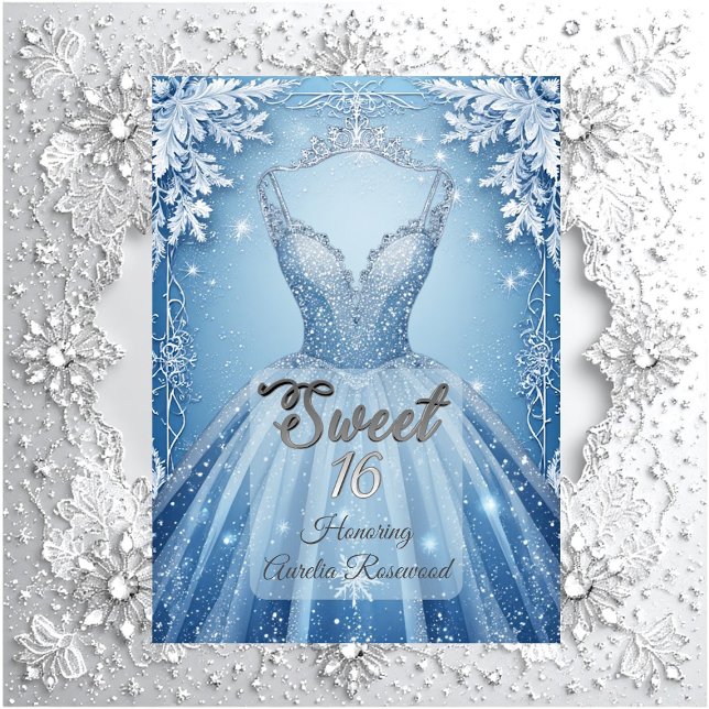 Invitation Douze ans glaciale bleu argent flocons de neige d' (Sweet 16 Icy Blue Silver Winter Frost Snowflakes Invitation)