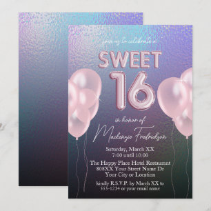 Invitation Douze ans, jolis ballons roses sur fond holographi