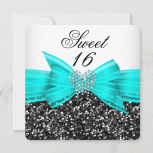 Invitation Douze Ans Luxueux Paillettes Turquoise Nœud Noir B