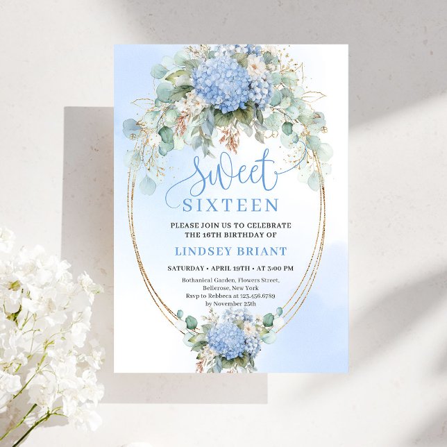 Invitation Douze ans rêveurs Boho Bleu Hydrange Gold Sweet Si (Dreamy Boho Blue Hydrangea Gold Sweet Sixteen)