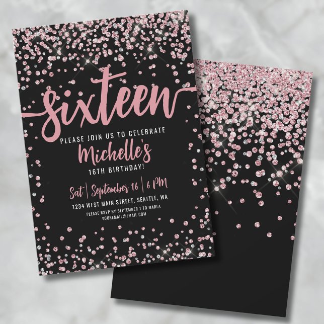 Invitation Douze ans, rose doré pailleté, anniversaire des 16 (16th Rose Gold Glitter Sweet Sixteen Birthday Invitation)
