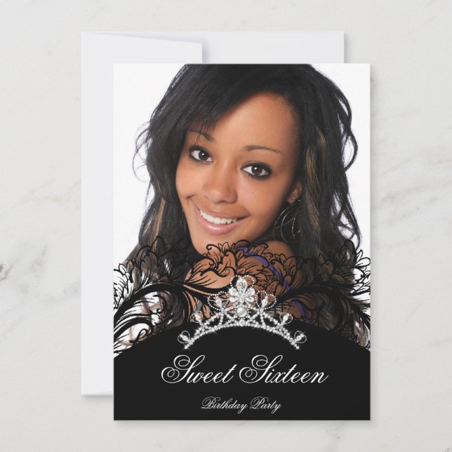 Invitation Douze ans, seize ans, photo en dentelle noire (Devant)
