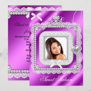 Invitation Douze ans, seize ans Rose Violet Dentelle Perle Ph