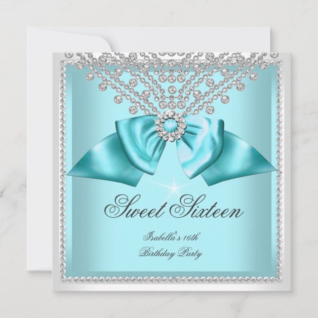 Invitation Douze ans, seize ans Turquoise Blanc Diamant Fête  (Devant)
