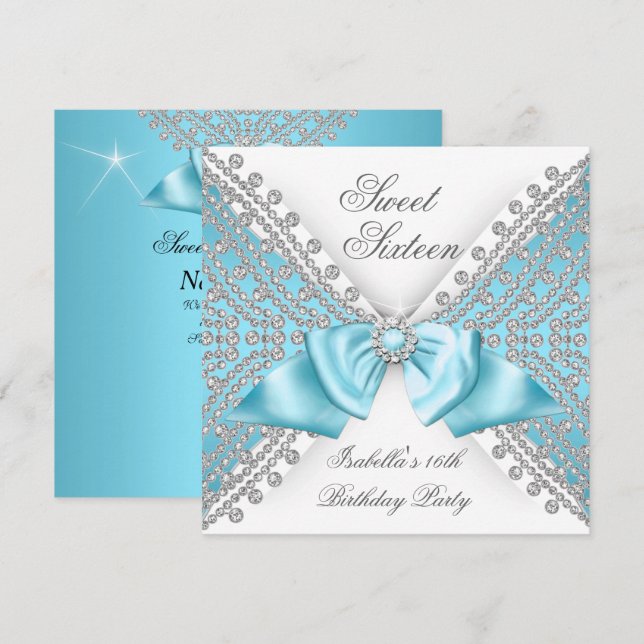 Invitation Douze ans, seize ans Turquoise Blanc Diamant Fête  (Devant / Derrière)