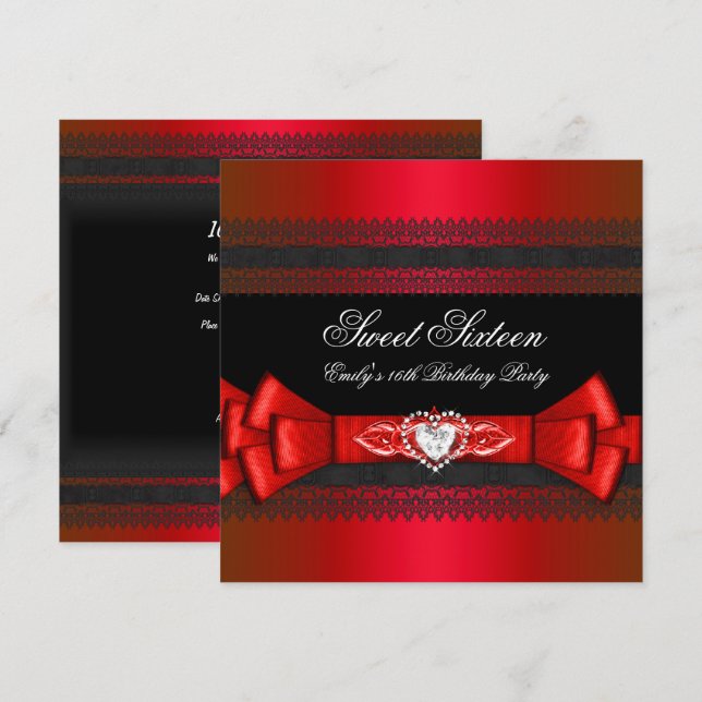 Invitation Douze ans sucrés Diamant Rouge Noir Nœud (Devant / Derrière)
