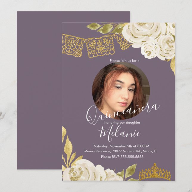 Invitation Douze ans sucrés Faux Fleurs de Glitter d'Ivoire P (Devant / Derrière)