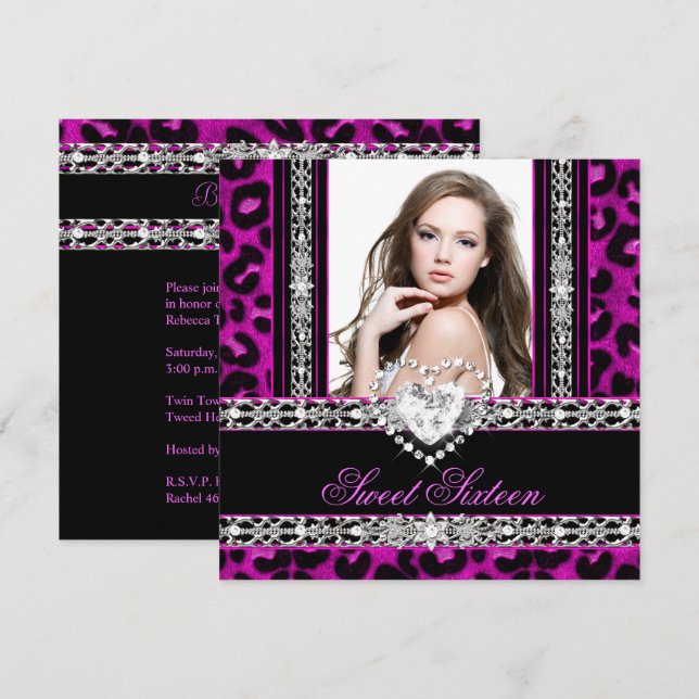 Invitation Douze ans sucrés Fête Rose Léopard Diamant 16 (Devant / Derrière)