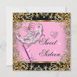 Invitation Douze Ans Sucrés Mascarade Rose Or Noir Seize Ans 
