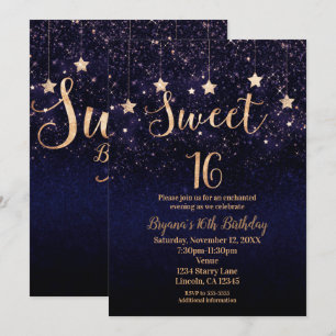 Invitation Douze ans sucrés Nuit étoilée Or Violet Paillettes