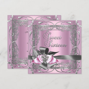 Invitation Douze Ans Sucrés Rose Clair Gris Argent Ruban