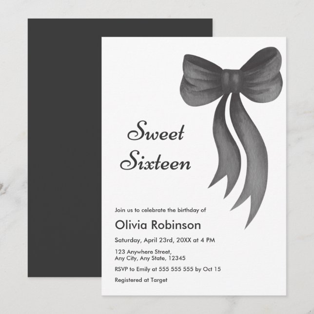 Invitation Douze ans sucrés Ruban Noir 16e Anniversaire  (Devant / Derrière)