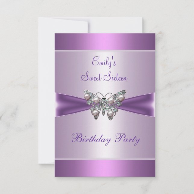 Invitation Douze ans tendres 16 Violet Mauve Perle Papillon 2 (Devant)