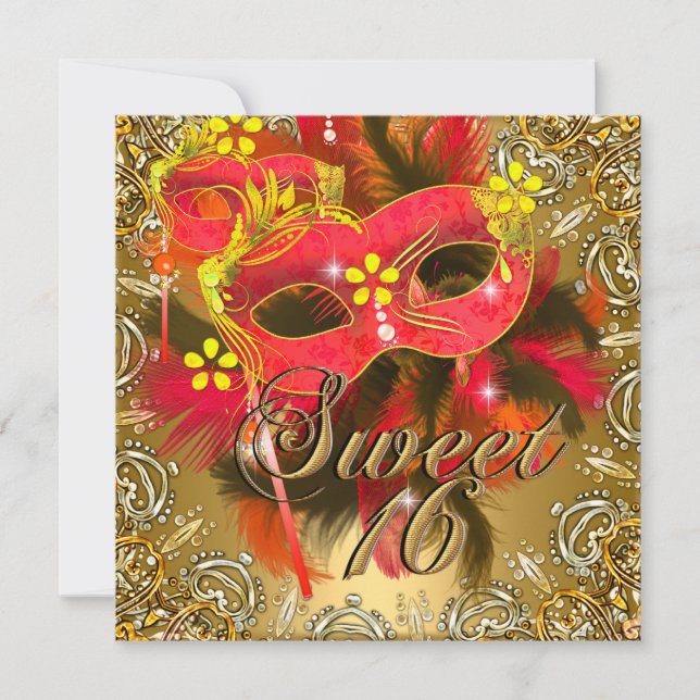 Invitation Douze ans très chic Masquerade Rouge Jaune Or (Devant)