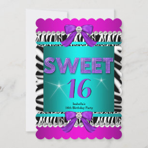 Invitation Douze Ans Zèbre Rose Turquoise Violet Nœud Amusant