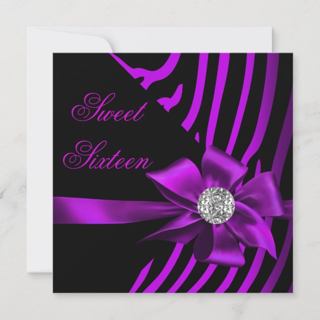 Invitation Douze Ans Zèbre Violet Rose Argent Noir Fête (Devant)