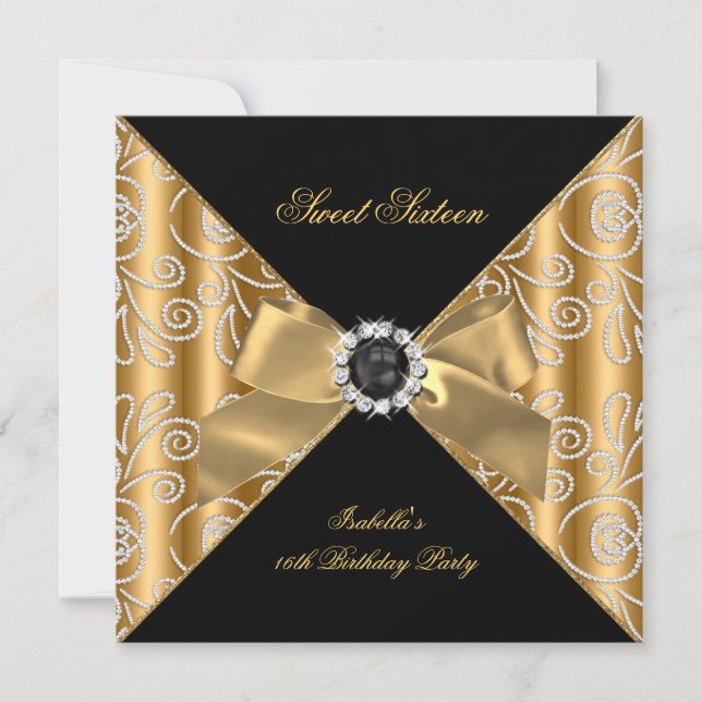 Invitation Douze jolies Seize Noir Bronze Or Faux Diamant (Devant)
