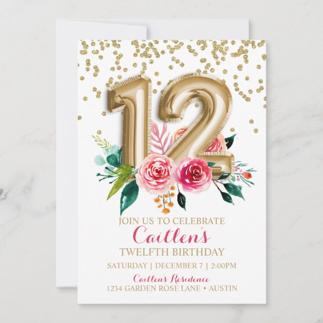 Invitation Douzième anniversaire Gold Foil Ballons Floral (Devant)