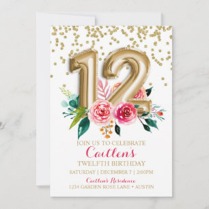 Invitation Douzième anniversaire Gold Foil Ballons Floral