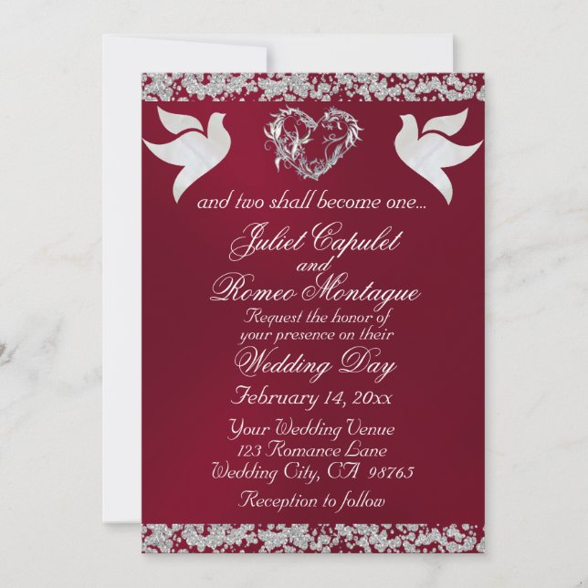 Invitation Dove, Coeur et Parties scintillant argentés, Code  (Devant)