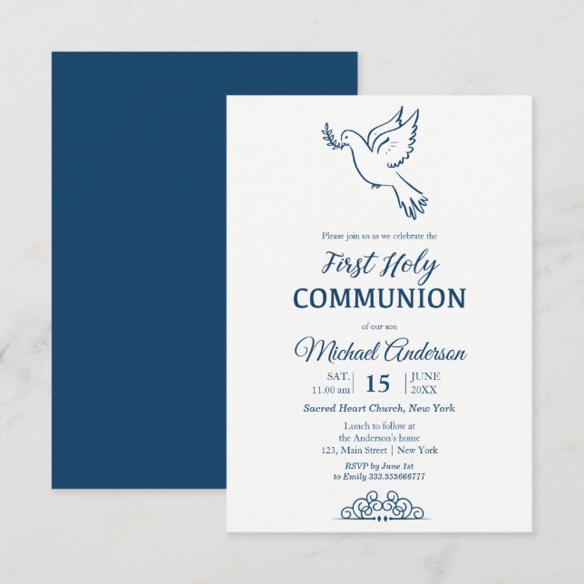 Invitation Dove First Communion Blu Elegant (Devant / Derrière)