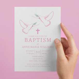Invitation Dove Olive Branch Cross Rose Girl Baptism