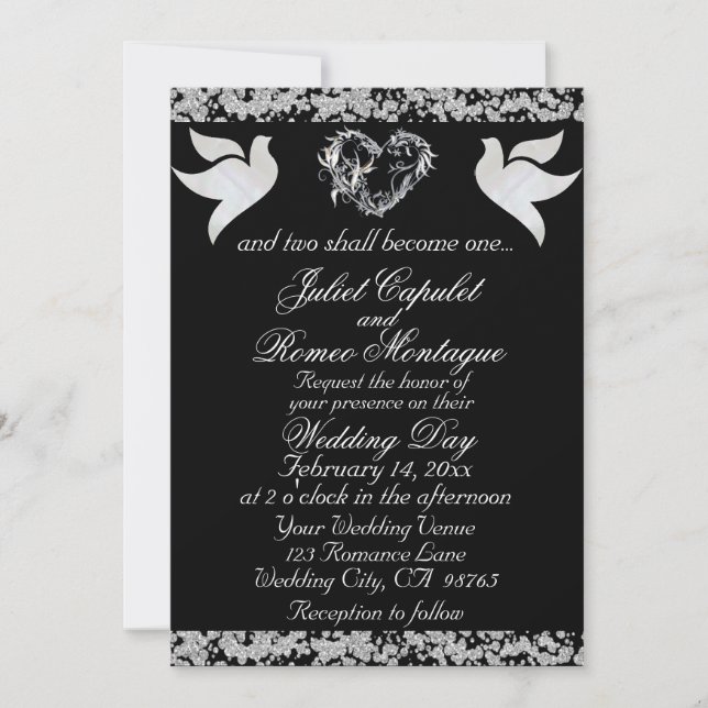 Invitation Dove, Silver Heart & Glitter, QR Code - Black (Devant)