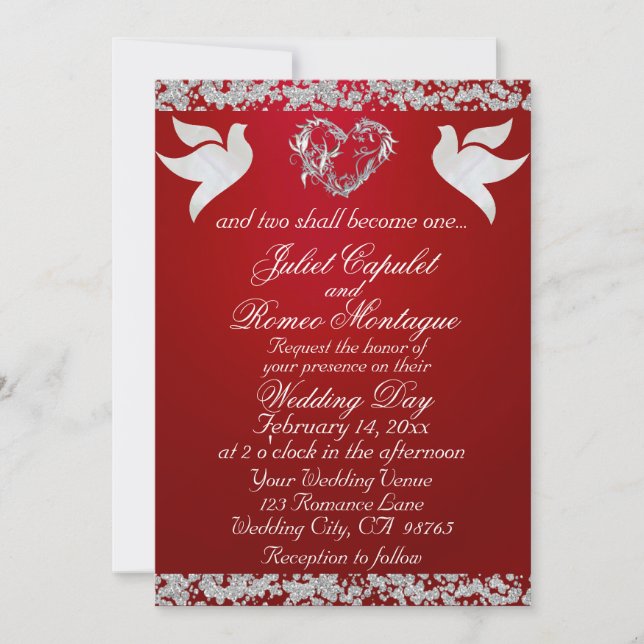 Invitation Dove, Silver Heart & Glitter, QR Code - Crimson (Devant)