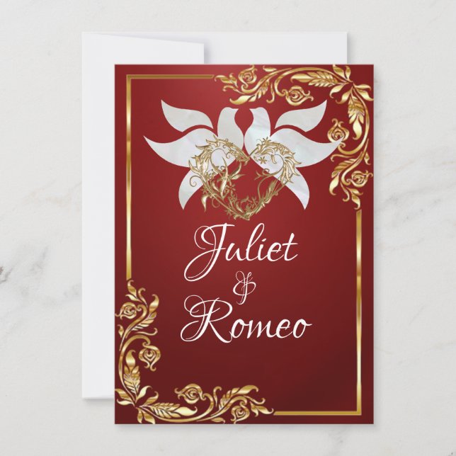 Invitation Doves, Coeur & Feuilles d'or sur Ruby Red (Devant)