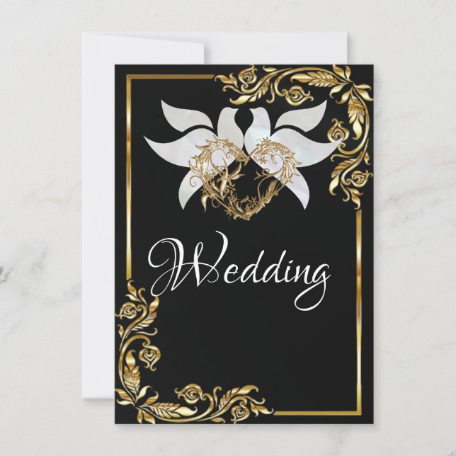 Invitation Doves, Heart & Gold Frame on Black (Devant)