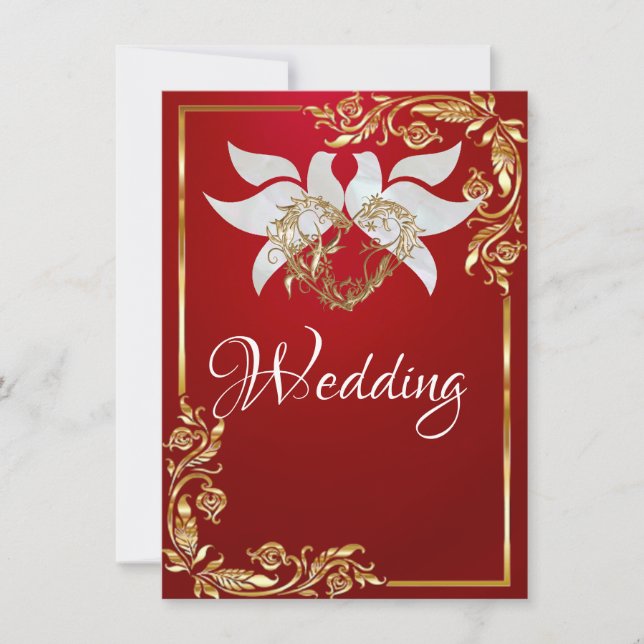 Invitation Doves, Heart & Gold Frame on Crimson Red (Devant)