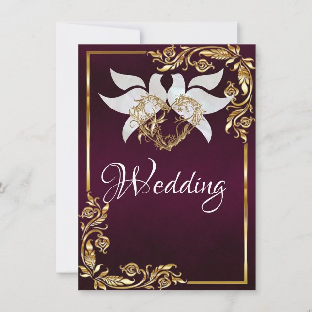 Invitation Doves, Heart & Gold Frame on Dark Purple (Devant)