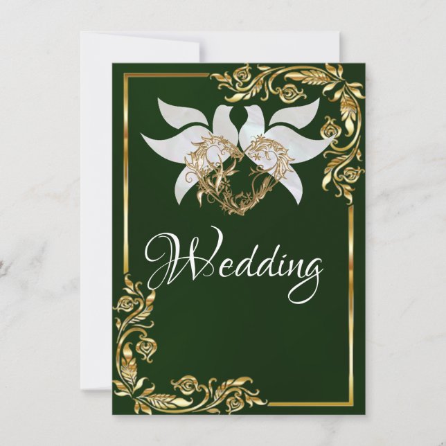 Invitation Doves, Heart & Gold Frame on Emerald Green (Devant)