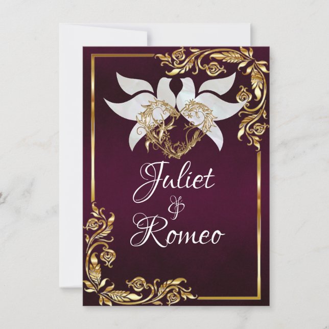 Invitation Doves, Heart, & Gold Leaves on Royal Purple (Devant)