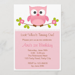 Invitation d'Owl - Fille 1er Anniversaire / Baby s