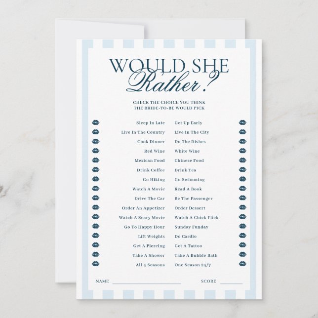 Invitation Downloadable Blue Striped Would She Rather Card (Devant)