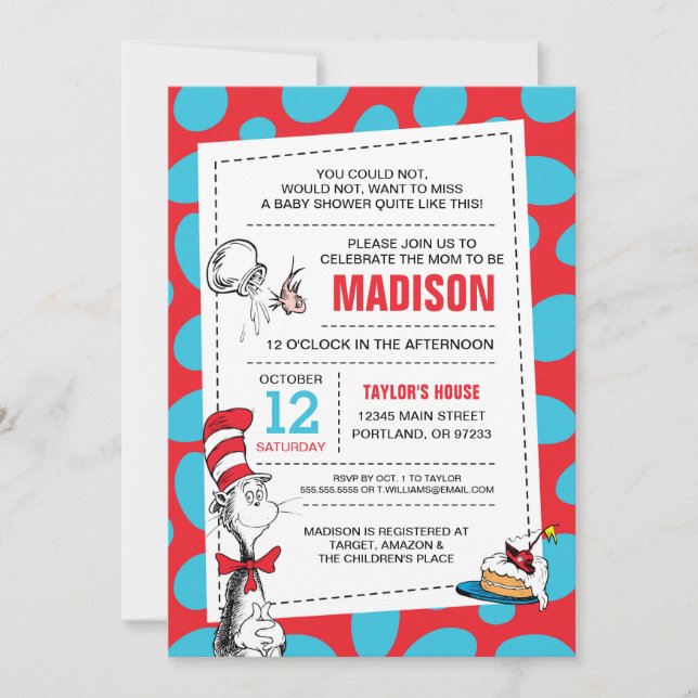 Invitation Dr. Seuss | Bébé Shower Chat dans le Chapeau (Devant)